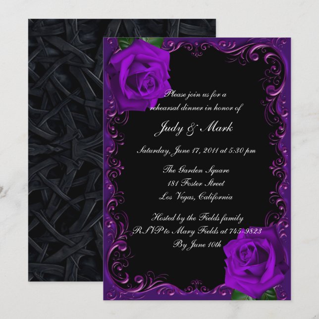 Invitación Elegante Gótico Rosas morados ensayan cena (Anverso / Reverso)