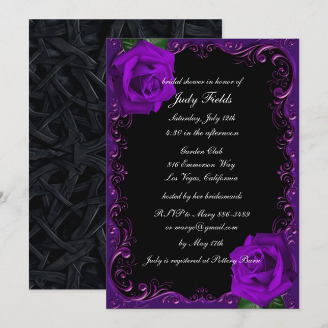 Invitación Elegante Gótico Rosas púrpura ducha de novia (Anverso / Reverso)
