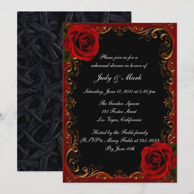 Invitación Elegante Gótico Roses Rojos Ensayo Cena (Anverso / Reverso)