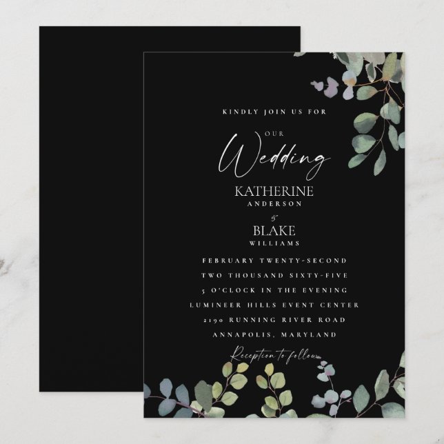 Invitación Elegante Grace Boda All Black Eucalyptus (Anverso / Reverso)