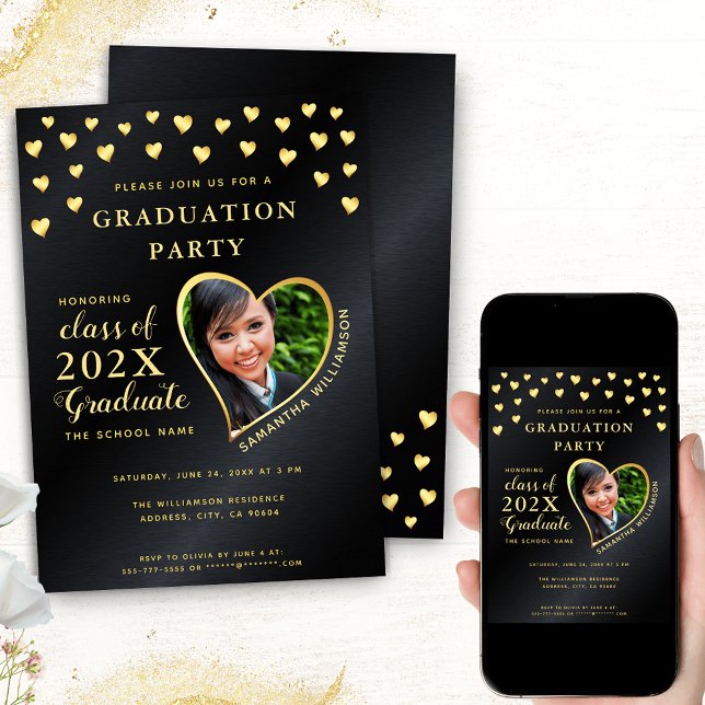 Invitación Elegante Grad Photo Black and Gold Graduation (Choose your format among these options: Printed; Printed + Instant Download; Instant Download)
