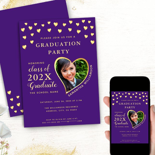 Invitación Elegante Grad Photo Purple and Gold Graduation (Choose your format among these options: Printed; Printed + Instant Download; Instant Download)