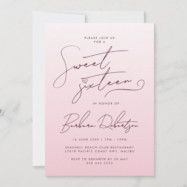 Invitación Elegante Gradiente de Rosa de Rubor Script Cumplec (Anverso)