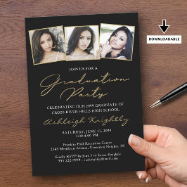 Invitación Elegante Graduación 3 Fotos Black Gold Script