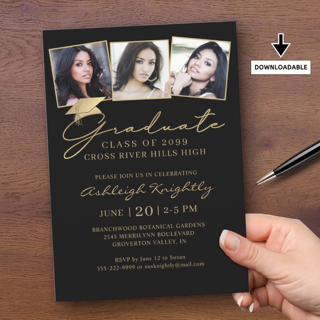 Invitación Elegante Graduación 3 Fotos Script Cap Black Gold (Subido por el creador)