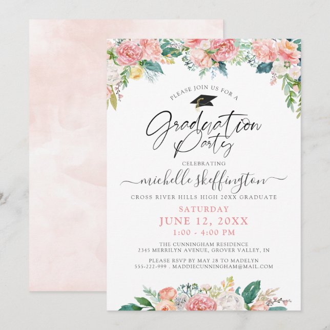 Invitación Elegante Graduación acuarela Floral Script rosa (Anverso / Reverso)