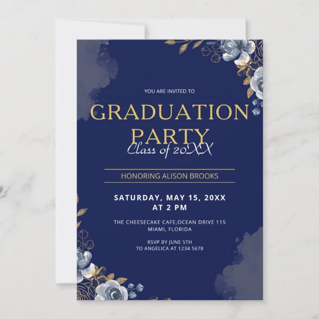 Invitación Elegante Graduación Azul y Oro (Anverso)