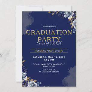 Invitación Elegante Graduación Azul y Oro