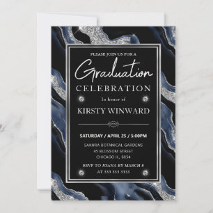 Invitación Elegante graduación azul y plata con brillo de ága