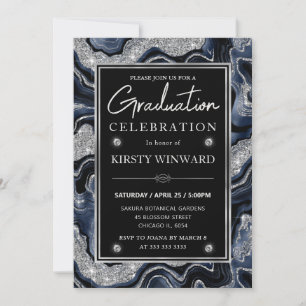 Invitación Elegante graduación azul y plata con brillo de ága