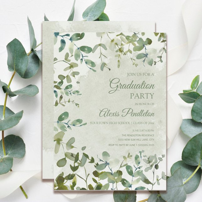 Invitación Elegante Graduación Blanca de Eucalipto Verde Sage (Subido por el creador)