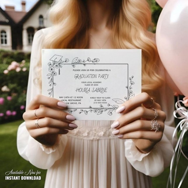 Invitación Elegante Graduación Borde floral blanco y negro (Subido por el creador)