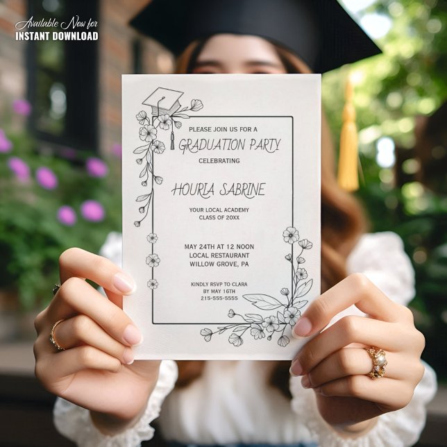 Invitación Elegante Graduación Borde floral blanco y negro (Subido por el creador)