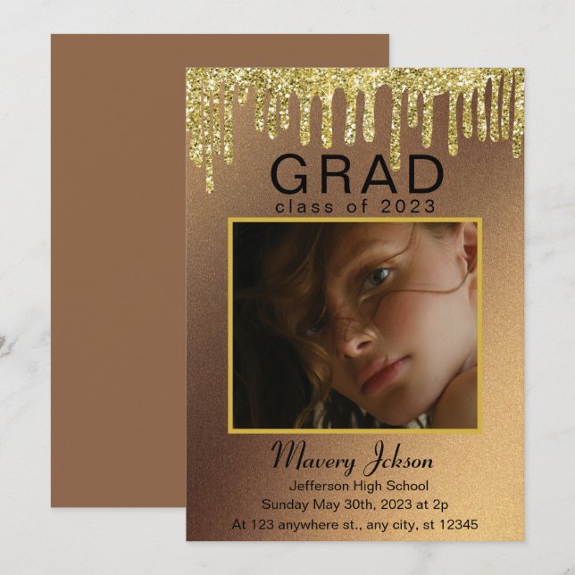 Invitación Elegante Graduación Clásica purpurina Dorado 1 Fot (Anverso / Reverso)