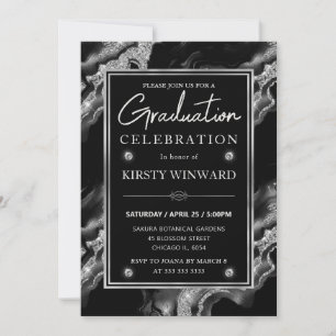 Invitación Elegante graduación con agata negra y brillo plate