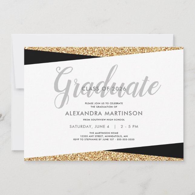 Invitación Elegante graduación con brillo de oro falso (Anverso)