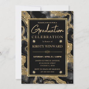Invitación Elegante graduación con brillo negro y dorado de á