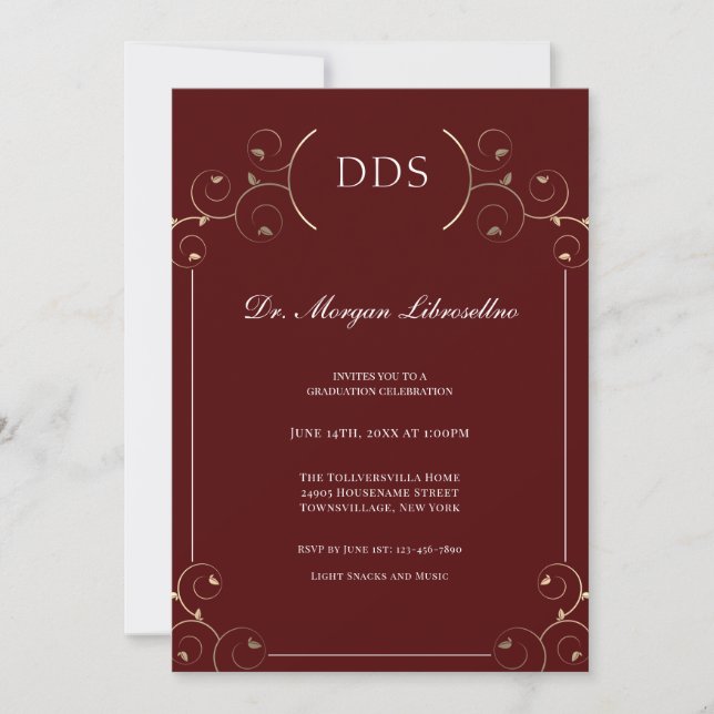 Invitación Elegante graduación DDS Gold Burgundy (Anverso)