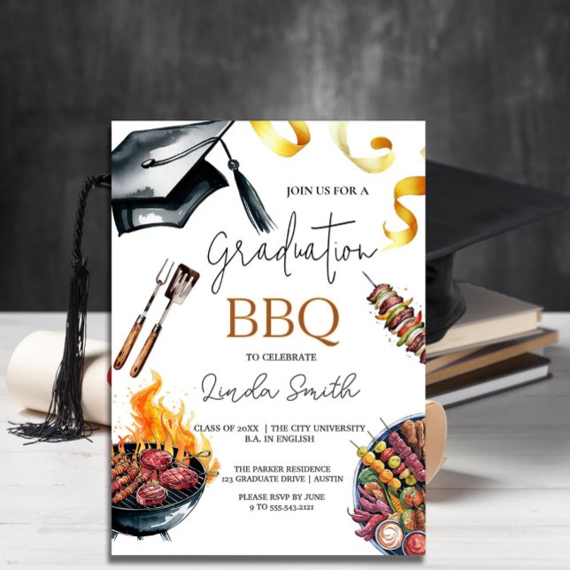 Invitación Elegante graduación de acuarela BBQ (Elegant Watercolor Graduation BBQ Invitation #BBQgraduation #dinnerbbq#dinnergraduation #menuparty )