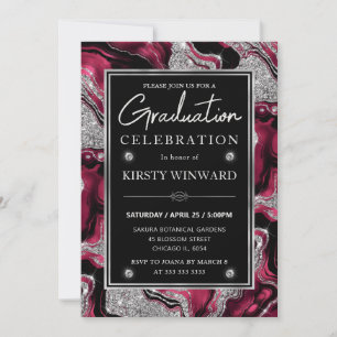 Invitación Elegante graduación de agata roja y brillo platead