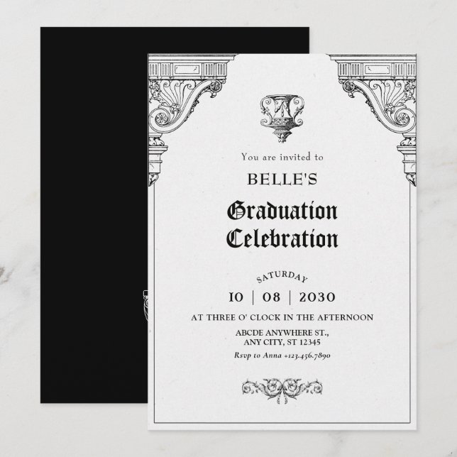 Invitación Elegante graduación de arquitectura renacentista (Anverso / Reverso)
