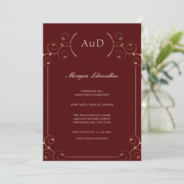 Invitación Elegante graduación de AuD Gold Burgundy (Anverso de pie)