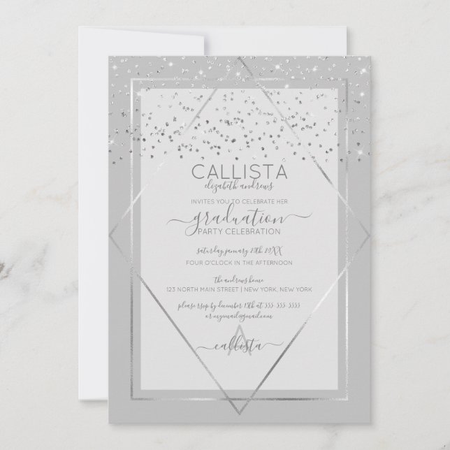 Invitación Elegante Graduación de borde de confetti de plata  (Anverso)