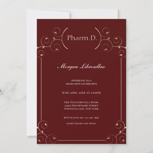 Invitación Elegante Graduación de Borgoña de Oro Pharm.D (Anverso)