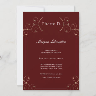 Invitación Elegante Graduación de Borgoña de Oro Pharm.D