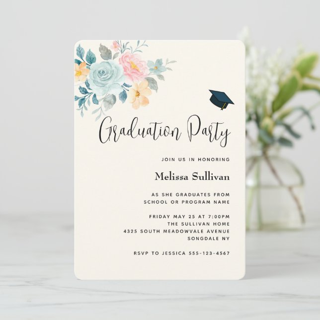 Invitación Elegante Graduación de Bouquet de Flor Rosa y Azul (Anverso de pie)