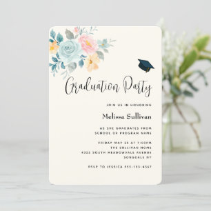 Invitación Elegante Graduación de Bouquet de Flor Rosa y Azul