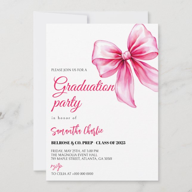 Invitación Elegante Graduación De Bow Rosa (Anverso)