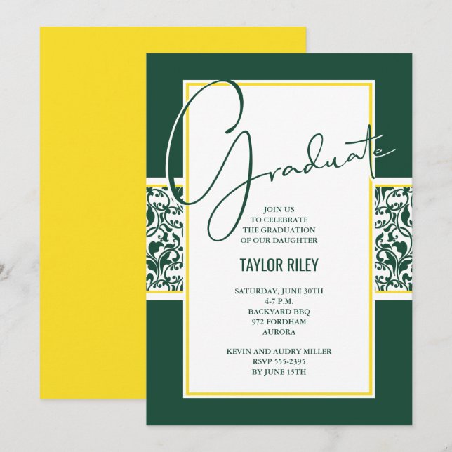 Invitación Elegante Graduación de Damasco Verde y Amarillo (Anverso / Reverso)