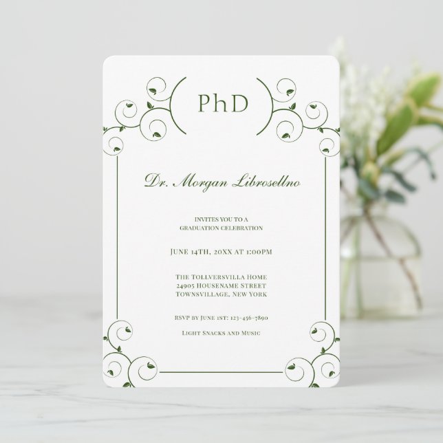 Invitación Elegante Graduación de doctorado verde blanco (Anverso de pie)