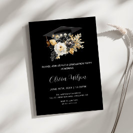 Invitación Elegante Graduación de Flores de Blanco Negro y Or