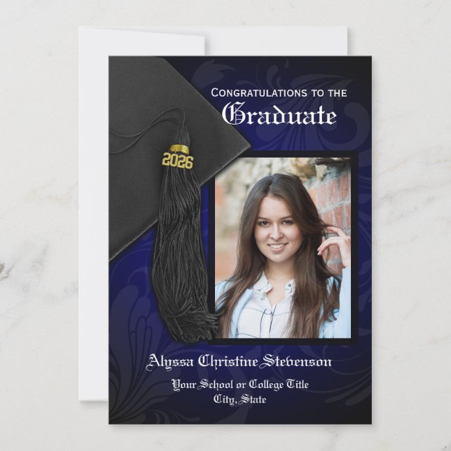 Invitación Elegante Graduación De Foto De Tassel Azul Elegant (Anverso)