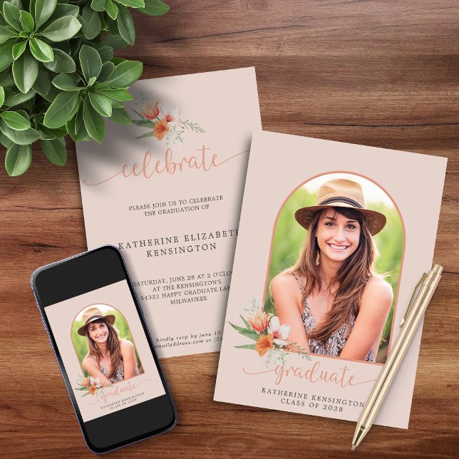 Invitación Elegante Graduación De Foto Del Arco De Boho Flora (Elegant Peach Floral Boho Arch Photo Graduation Invitation Announcement with Instant Download Option)