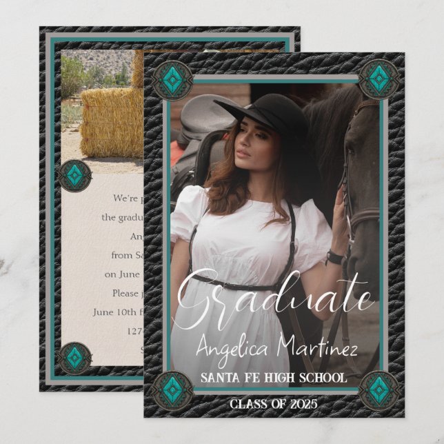 Invitación Elegante graduación de fotografía de cuero negro o (Anverso / Reverso)