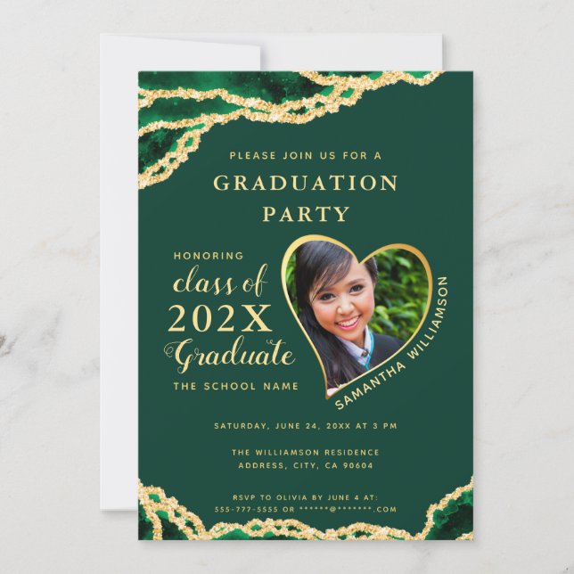 Invitación Elegante graduación de fotos de Emerald & Gold Aga (Anverso)