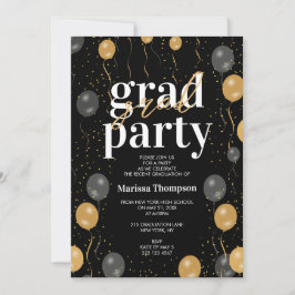 Invitación Elegante Graduación de Globos de Oro y Negro