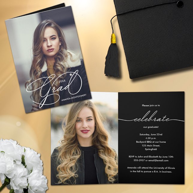 Invitación Elegante Graduación de Grado de Graduación de Foto (Elegant Grad Script Photo Graduation Folded Invitations)