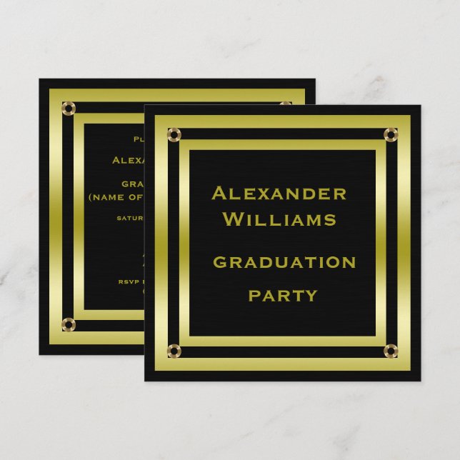 Invitación Elegante graduación de hombre negro y dorado (Anverso / Reverso)