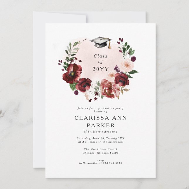Invitación Elegante graduación de la flor borgoñona Rubor (Anverso)