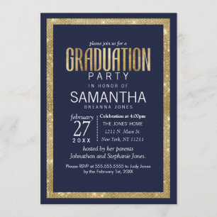 Invitación Elegante Graduación de la Secuencia Dorada Azul de