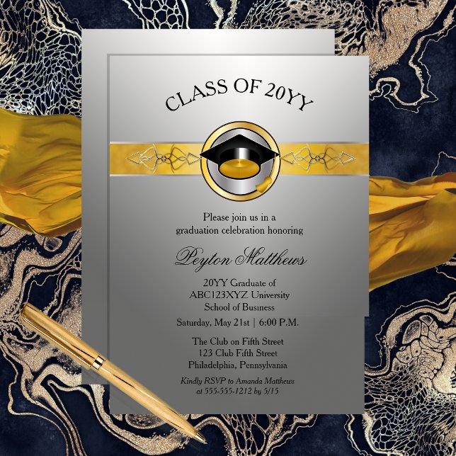 Invitación Elegante graduación de la Universidad de Oro Moder (Elegant Modern Gold and Silver Tone University Graduation Invitations -- Print | Digital Download)