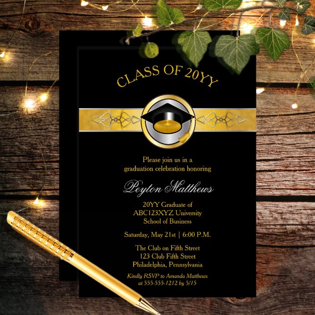 Invitación Elegante graduación de la Universidad de Oro Moder (Elegant Modern Gold Tone College or University Graduation Invitation -- Print and/or Download)