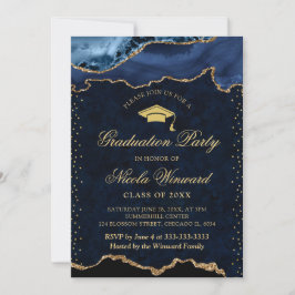 Invitación Elegante Graduación de Mármol Ágata Azul y Dorado