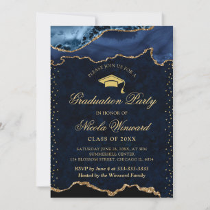 Invitación Elegante Graduación de Mármol Ágata Azul y Dorado