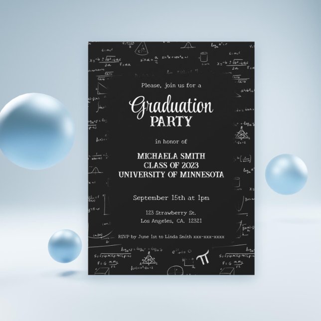 Invitación Elegante Graduación de matemáticas con letras blan (Elegant Black White Hand-Lettering Math Graduation Invitation by Kinda Cute by Patricia Alvarez)