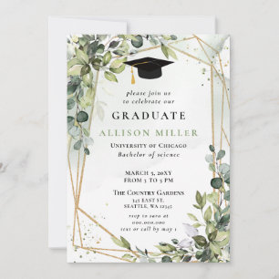 Invitación Elegante Graduación de Oro Eucalyptus Greenery